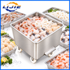 LIJIE stainless steel seafood holding bin containing shrimp, squid rings, fish pieces and scallops