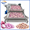 Sliced onions drying on multi-layer mesh belt