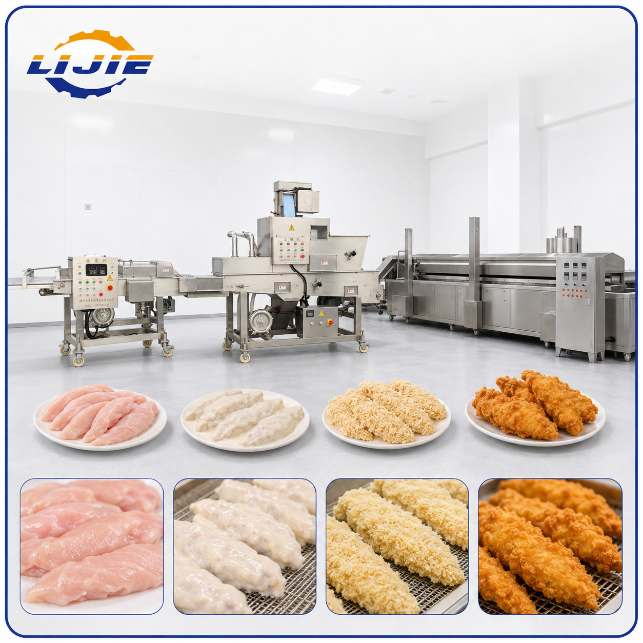 Automatic chicken tenders battering breading and frying line