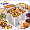 Mobile stainless steel ingredient bin holding mixed almonds, cashews, walnuts, raisins and dried fruit for snack production