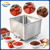 Stainless steel ingredient holding bin displayed with chili sauce, tomato paste and other sauce preparation materials
