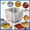 Mobile stainless steel food bin shown with water, edible oil, chili oil and food liquid handling applications