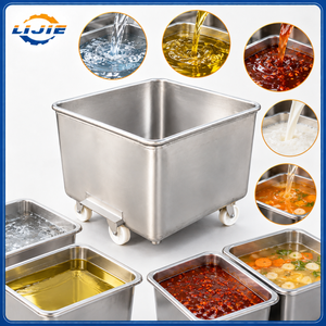 Mobile stainless steel food bin shown with water, edible oil, chili oil and food liquid handling applications