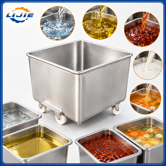 Mobile stainless steel food bin shown with water, edible oil, chili oil and food liquid handling applications